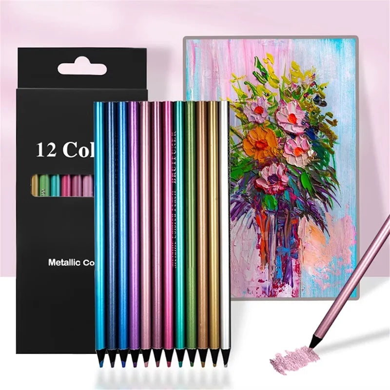 12 Color Metallic Colored Pencils Drawing Sketching Pencil Set Colour Pencil For Profession Art Supplies Coloring School Pencil