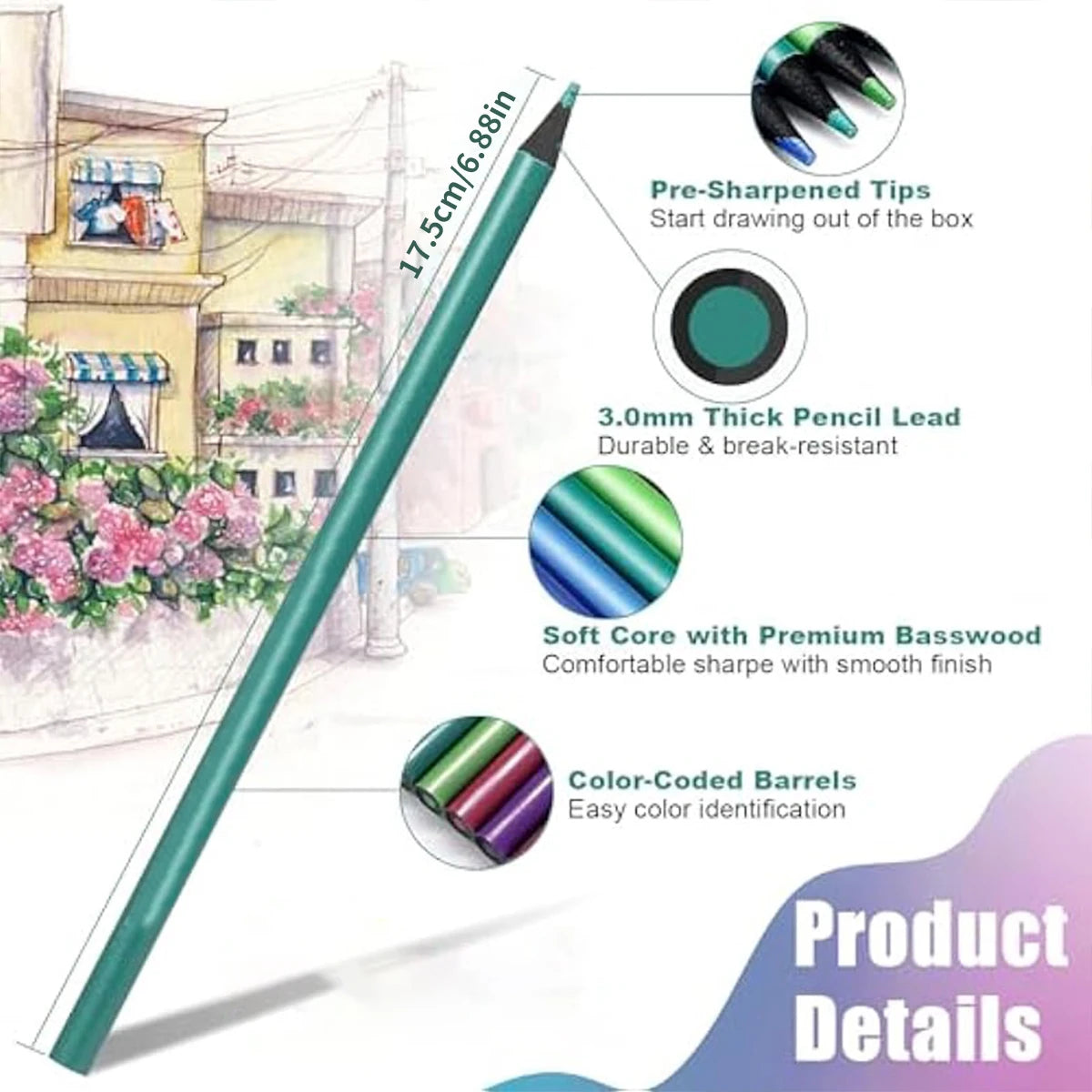 12 Colorful Brilliant Color Metallic Colored Pencils Set Assorted Drawing Sketching Colored Pencil For Artists Coloring Supplies