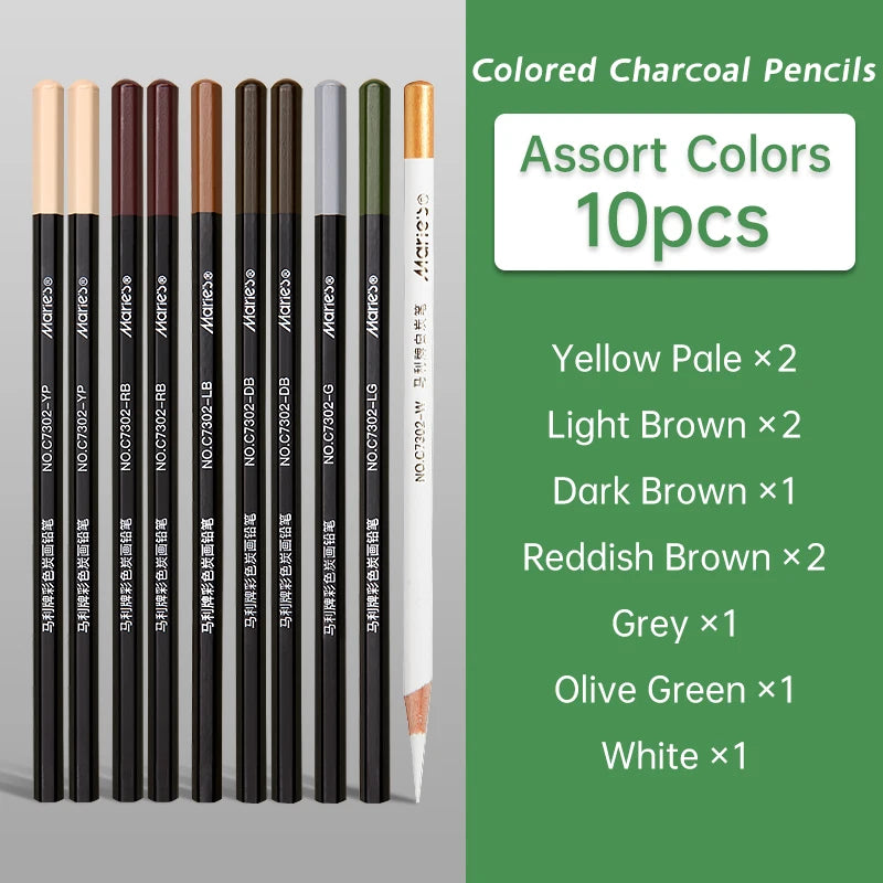 10pcs Marie's Professional Colored Charcoal Pencils Set,Skin Tone Color for Sketching, Shading, Blending,for Adults & Artists