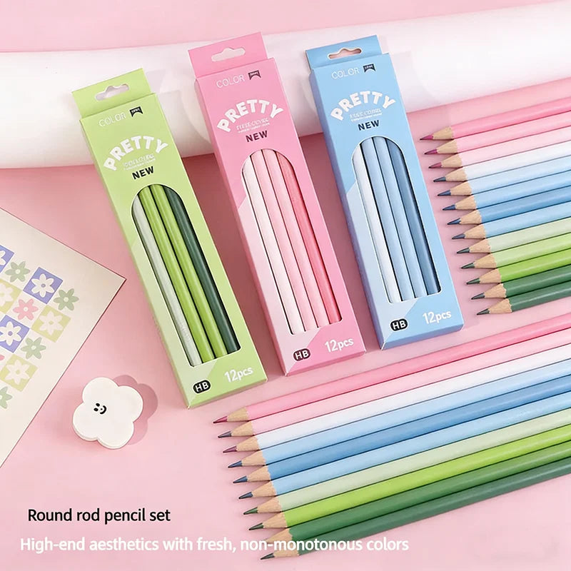 12-Piece Set of Gradient-Colored Pencils in a Box: Natural Wood Finish, Eco-Friendly, Pastel “Macaron” Colors